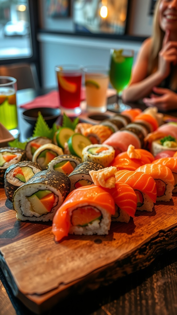 A colorful sushi platter with assorted rolls, wasabi, and pickled ginger, ready for a girls